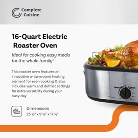 Complete Cuisine CC-R-1000-16QT 16-Quart Oval Roaster Oven with Self-Basting Lid, Stainless-Steel Electric Oven Roaster