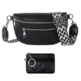 TTPSRY Women's Crossbody Bag with Coin Purse Leather Bum Bag Strap Medium Crossbag with Wide Interchangeable Strap Belt Bag for Festival Travel Everyday, black