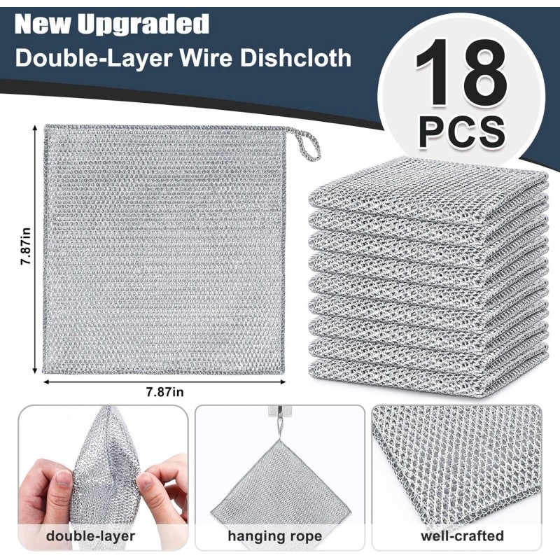 18 Pcs New Upgrade Steel Wire Dishcloth,Doub<wbr/>le-Layer Multipurpose Wire rag