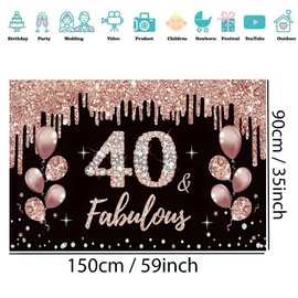 40th Birthday Decorations for Women, 40th Birthday Decoration Black and Rose Gold Glitter Spots Fabric Sign Poster, 40th Birthday Background Banner Woman 40th Birthday Party Decoration