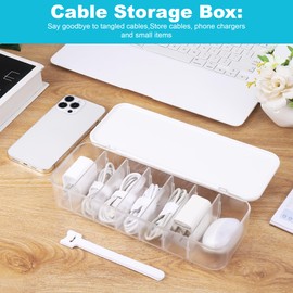 Zocipro 2Pcs Clear Cable Organiser Box with Lid, Cable Storage Box Organiser with 7 Compartments & 14 Cable Ties, Desktop Cable Box Tidy Hub Sorting Box for Cable Charger Storage (White)
