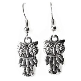 Owl - Retro Owl - 20x11mm - Tibetan Silver charm dangle earrings. Hypoallergenic Stainless-Steel Fishhook or Silver Plated Ball-Post, or Clip-on Earrings Opt.