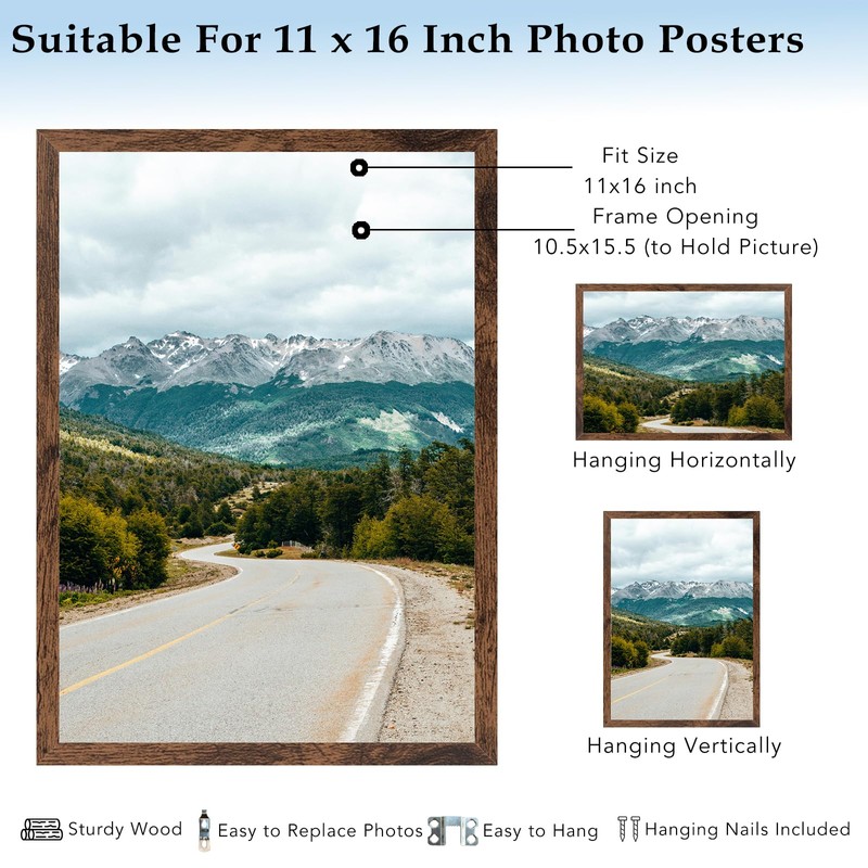 11x16 Picture Frame Deep Brown for Wall Hanging, Wood 11