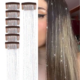 AIAIZHQH 23.6Inch Clip in Hair Tinsel Kit, Silver Hair Tinsel Heat Resistant Fairy Hair Tinsel Clip in Glitter Hair Extensions, Tinsel Hair Sparkles Festival Hair Accessories for Women Girls (Silver)