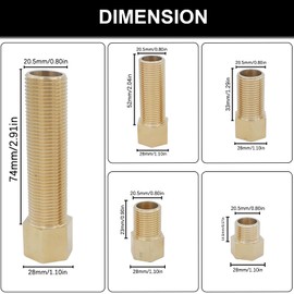5PCS Extension Brass Pipe Fitting, 1/2" Female to 1/2" Male Pipe Hex Bushing Adapter Converter Adapter with Sealing Tape, 30 mm/40 mm/50 mm/70 mm/100 mm
