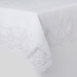 Violet Linen Embroidered Vintage Lace Design Oblong/Rectangle Tablecloth, 70" x 140", White