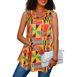 Afibi Summer Tops for Women Sleeveless V Neck Tshirt Loose Fit African Dashiki Tank Tunic Blouse (XX-Large, Golden Green)