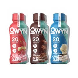 OWYN Only What You Need Protein Shake Variety Pack, Strawberry Banana, Dark Chocolate, Smooth Vanilla Flavored Protein Shakes, 20g Protein, 4g Sugar, 3g Fiber, Dairy Free, Plant Based Protein, 12 CT