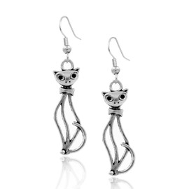 BESHEEK Antique Silvertone Cutout Slender Kitty Cat Dangle Earrings | Hypoallergenic Boho Beach Gala Wedding Style Fashion Earrings