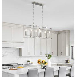 Munbea 6-Light Nickel Island Light, No Installation Required, Foldable Square Frame with E12/Candelabra Base, Modern Kitchen Island Lighting for Dining Room, Bar Counter