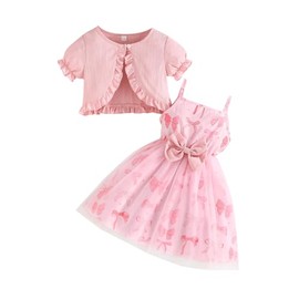 Yanmucy Little Girls' Dresses with Cardigan Sets 2 Pieces Baby Girl Dress Puffy Short Sleeve Coat Kids Summer Clothing for 2-8 Years, pink, Ages 2 - 3