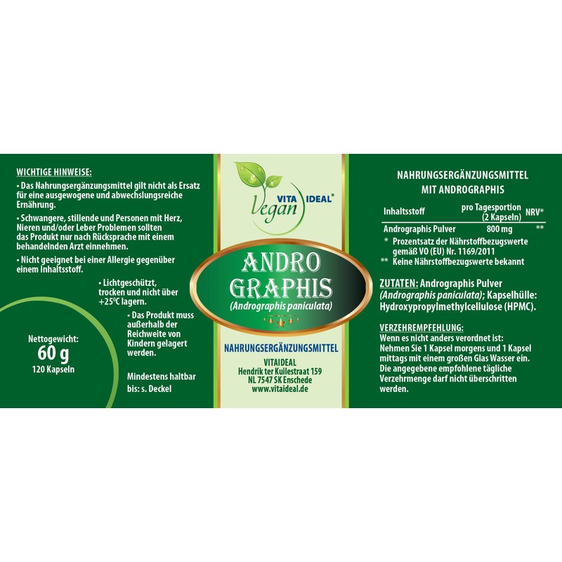 VITA IDEAL Vegan® Andrographis Herb 120 Capsules – Chiretta Herb