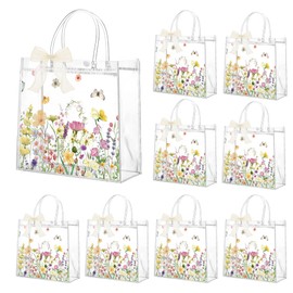 24 Pcs Spring Floral PVC Clear Gift Bags with Handles Wildflower Reusable Party Favors Bags with Ribbon Spring Wildflower Goodie Treat Bag Bulk Birthday Party Decor Supplies for Girls 8x8x3.15 Inch
