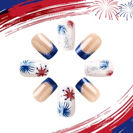 24Pcs Independence Day French Tip Press on Nails Short Square Fake Nails with Red Blue Fireworks Design Glue on Nails Glitter Full Cover Nail Tips 4th of July False Nails for Women Patriotic Nail Kits
