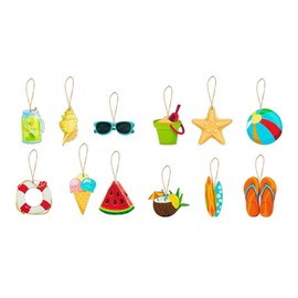 Summer Decorations Hanging Wooden Ornaments for Tree, 12pcs Hawaiian Luau Party Decorations Hanging Pendants with String, Hawaiian Tropical Summer Beach Party Decorations Supplies