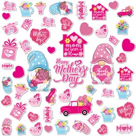 Cholemy 2 Sheets 56 Pcs Mother's Day Window Gel Clings Pink Mom Thick Gel Clings Happy Mothers Day Window Sticker Removable Reusable Heart Flowers Window Decal for Home Glass Mother's Day Party Decor