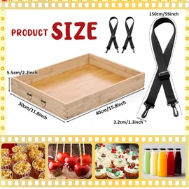 Wooden Snack Trays with Strap 15 x 11 x 2 Inch Movie Night Party Serving Trays Usherette Popcorn Drink Beverage Carrier for 20's Theme Costume Carnival Valentine’s St. Patrick’s Day Prop(Wood)