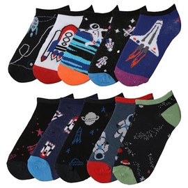 Tipi Toe Big Kids Boys 10 Pairs Classy Lightweight Novelty Astronaut Spaceship & Rocket Pattern Ankle/Low Cut Socks, BN08-10-M