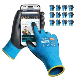 KAYGO Work Gloves PU Coated 12 Pairs Touchscreen, KG11PLE, Safety Working Gloves with Secure Grip on Palm & Fingers, for Men and Women, Ideal for General Duty Work, Gardening (Large, Blue)