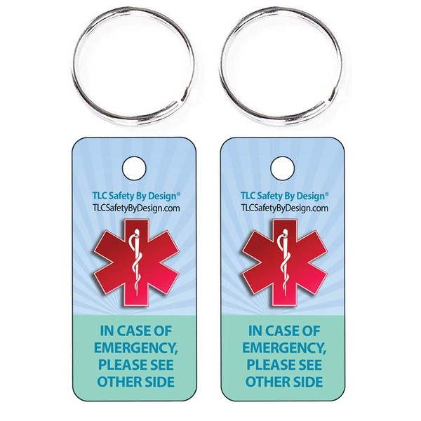 TLC Safety By Design Medical ICE Alert in Case Emergency Allergy Safety I.D. 2 Pk. Plastic Key Tags with Contact Call Card (Standard Set of 2, Medical ICE Key Tag Set)