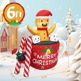 QEOIYDE 6FT Christmas Inflatables Outdoor Decorations, Navidad Blow Up Gingerbread Swiming in Hot Cocoa Mug Scene with Penguin Built in LED for Garden Lawn Xmas Decor Party