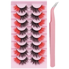Chunmeng 8 Pairs False Eyelashes Reusable Natural Look Easy to Apply in Waterproof for Daily Use Voluminous Lashes for Party +Pink Tweezers (Red+Black)