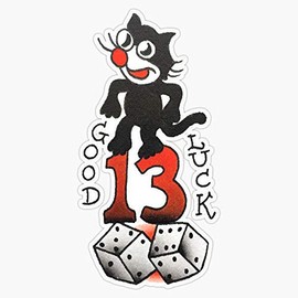 Traditional Lucky 13 Cat Tattoo Design Waterproof Vinyl Window Bumper Sticker Decal 5"