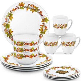 Reallnaive 16 Pcs Fall Autumn Dinnerware Sets Rustic Autumn Tableware Thanksgiving Salad Plate Harvest Soup Cereal Bowl Mug Dinnerware Sets with Berry Fall Maple Leaves Turkey Service for 4