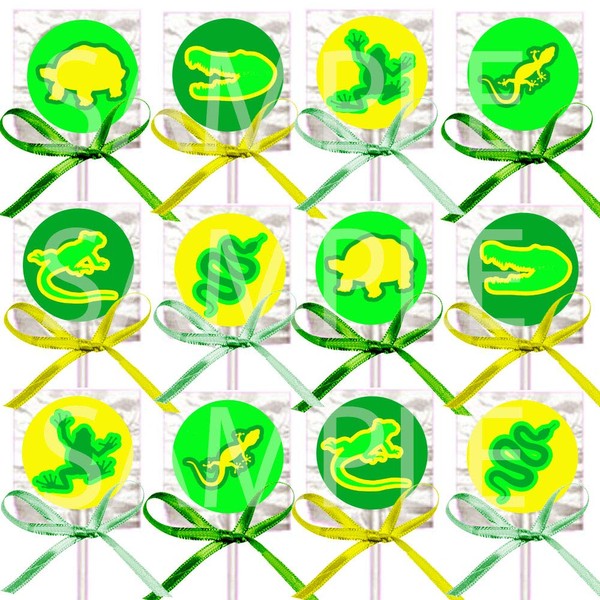 Reptile Party Silhouette Lollipops Party Favors - w/ Green Yellow and Mint Green Ribbon Bows Party Favors -12, Lizard Iguana Snake Tortoise Turtle Alligator Crocodile Chameleon Reptile Party