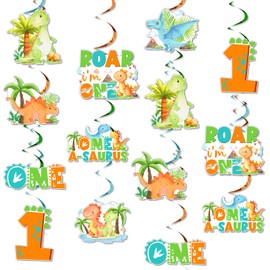 Funmemoir Dinosaur 1st Birthday Decorations Boy - 24PCS Dinosaur Hanging Swirls, One a Saurus Birthday Party Spiral Hangings for Dino Jungle Safari Animal First Birthday Party