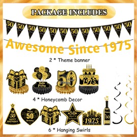 50th Birthday Party Decorations Set - 12 Pcs Black Gold Glitter Banner Hanging Swirls & Honeycomb Centerpieces Awesome Since 1975 Party Favours for Women Men, Anniversary Celebration Supplies Decor