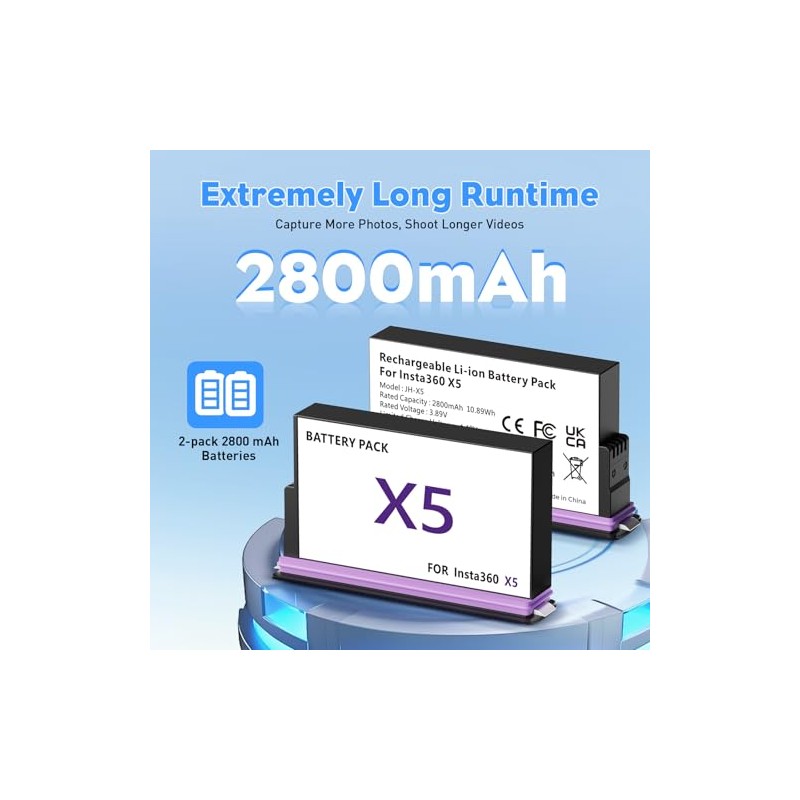 Rszfnjxry Insta 360 X5 Battery 2800mAh High Capacity 2 Packs