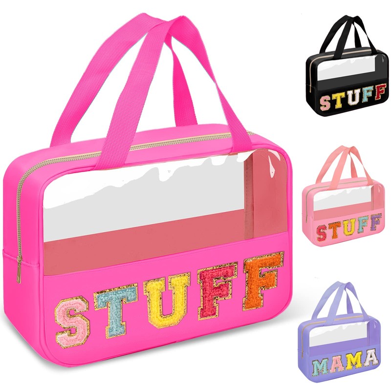 Bolsa de maquillaje transparente con letras de chenilla, bolsa de