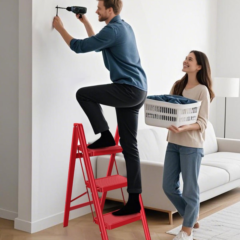 3 Step Ladder Stool for Adults, Folding Steel Step Stool