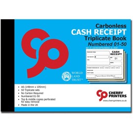 Cherry Carbonless (NCR) Cash Receipt Book Triplicate A6 50 Sets Numbered 1-50 Perfect for The Self Employed and Taxis **4 Pack**