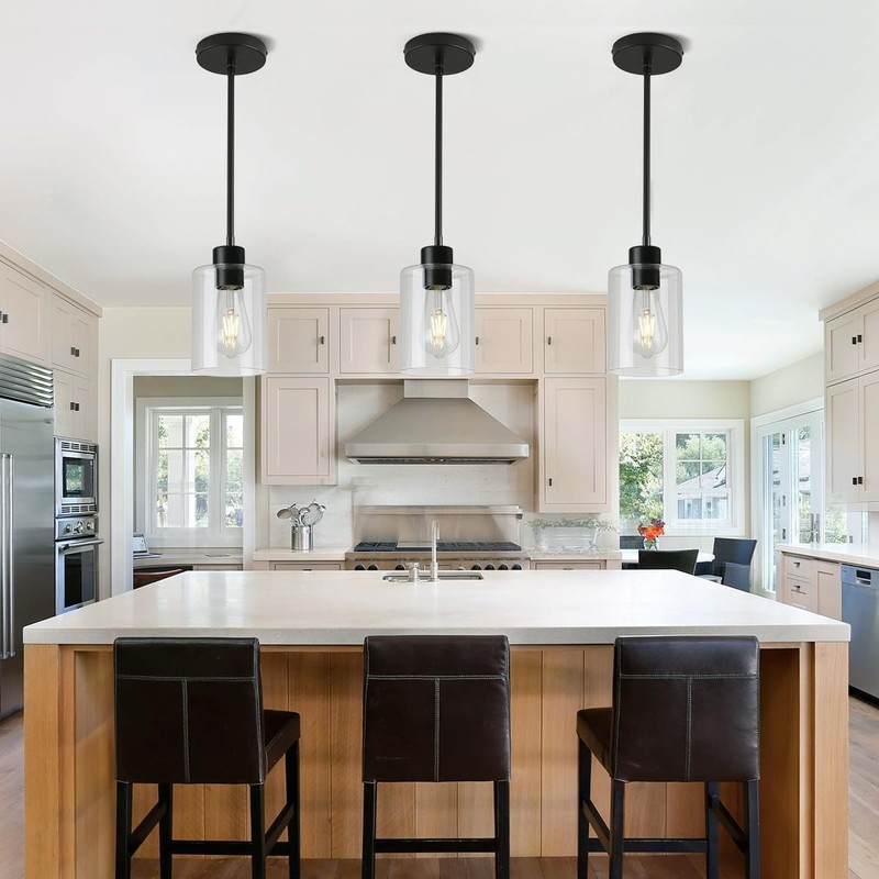 KLSS Black Pendant Lights Kitchen Island - Clear Glass Pendant