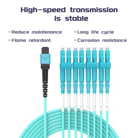Buacoz OM4 MPO Fiber Cable to LC Connector 8 Cores Multimode Fiber Optic Patch Cable 4Meters/13.1ft 50/125μm Fan-Out Jumper Female to Female Type B 40G/100G for QSFP+Transceivers MTP