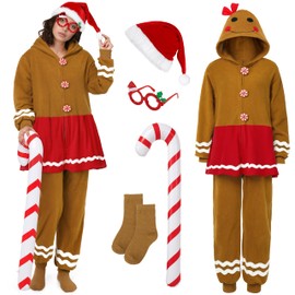 SOMSOC Women Gingerbread Costume Adult Christmas Flannel Fleece Pajama Gingerbread Onesie Cosplay with Hat Socks Glasses Cane