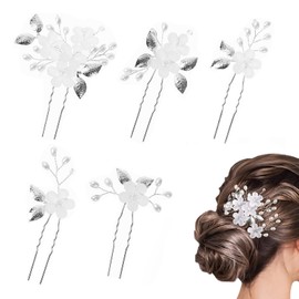 Bridal Wedding Flower Hair Pins xlwen Pack of 5 Bridal Hair Accessories, U-Shaped Bridal Pearls Hair Pins, Hair Accessories, Wedding Set for Bride and Bridesmaid (Silver)