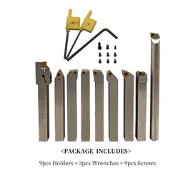 ZOUZMIN 18Pcs 1/2'' 12mm Shank Indexable Lathe Turning Tools kit 9Pcs Metal Lathe Tools Holder Set with 9Pcs Inserts for Turning Grooving Threading Boring Processing Steel or Stainless