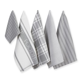 DII Cotton Foodie Kitchen Dish Towels 18 x 28 & Dish Cloth 13 x 13, Set of 5, Ultra Absorbent Washing and Drying Towels for Cooking and Baking-Light Gray
