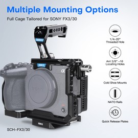 SIRUI FX30 FX3 Cage with Top Handle, Complete Camera Cage Kit for Sony FX3 FX30, with HDMI Cable Clamp, 1/4''-20 Threaded Holes, for ARRI 3/8''-16 Holes, Compatible with Original XLR Handle(Black)