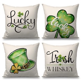 OPULANE St Patricks Day Pillow Covers 18x18 Set of 4 Lucky Irish Clovers Shamrocks Hat Decorative Throw Pillowcases Spring Holiday Decorations for Sofa Couch Farmhouse Home Decor
