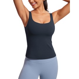 CRZ YOGA Butterluxe Workout Tank Tops for Women U Neck Padded Crop Tops Athletic Camisole Tops with Built in Bra True Navy Large