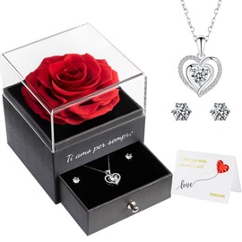 Miofula Ti Amo per Sempre Eternal Real Rose with Splitter Necklace Stud Earrings Gift Box for Her Preserved Rose Birthday Anniversary Wedding Valentine's Day Gift Box for Mum Girlfriend