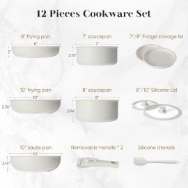 DUMOS 12Pcs Nonstick Kitchen Cookware Set Beige Pot and Pan Set with Detachable Handle