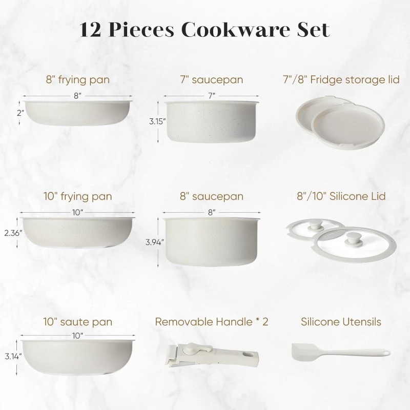 DUMOS 12Pcs Nonstick Kitchen Cookware Set Beige Pot and Pan