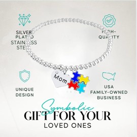 Infinity Collection Autism Mom Puzzle Charm Bracelet – Silver Beaded Stretch Bracelet with Colorful Puzzle Pieces & Engraved Mom Heart – Gift for Autism Awareness, Mother's Day
