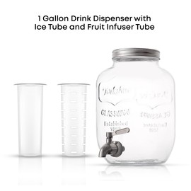 1-Gallon Drink Dispenser. Glass Beverage Dispenser with Stainless steel Spigot plus Ice Cylinder and Fruit Infuser! Water Dispenser, Lemonade Stand, Juice Container - Drink Dispensers for Parties