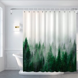 Ohok Bathroom Shower Curtain 180 x 180 cm, Waterproof Forest Shower Curtains with 12 Hooks, Bathroom Decoration, Bath Curtain, Durable Polyester Bath Curtain (Green)